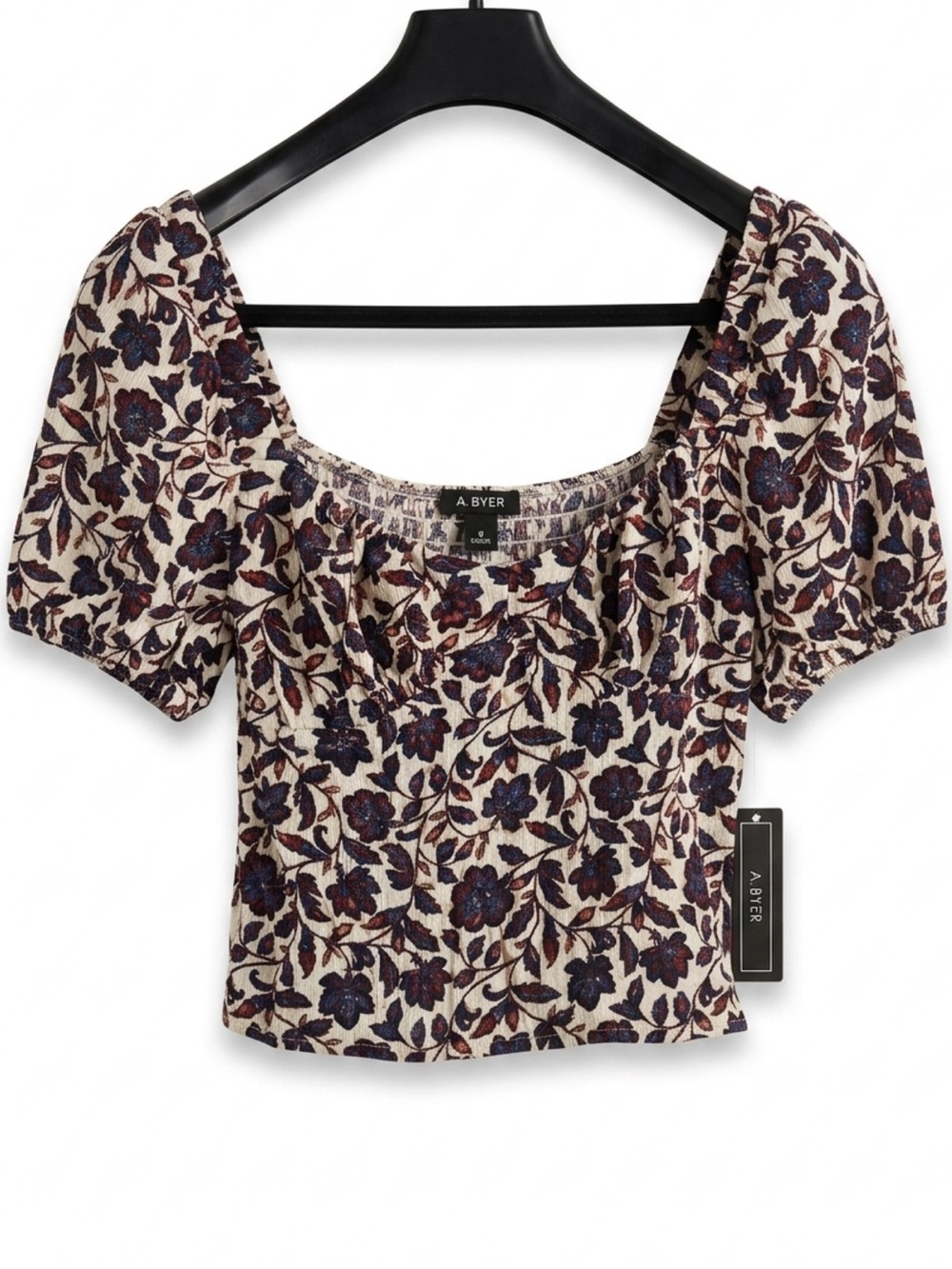 A. Byer Cream Crop Top with Navy and Burgundy Floral Print